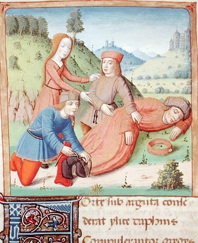 Ms 493 f.12v Silène endormi est attaché par les bergers et Aegle, des Églogues de Virgile avec un commentaire de Servius, 1469 - French School